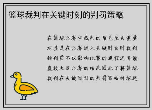 篮球裁判在关键时刻的判罚策略